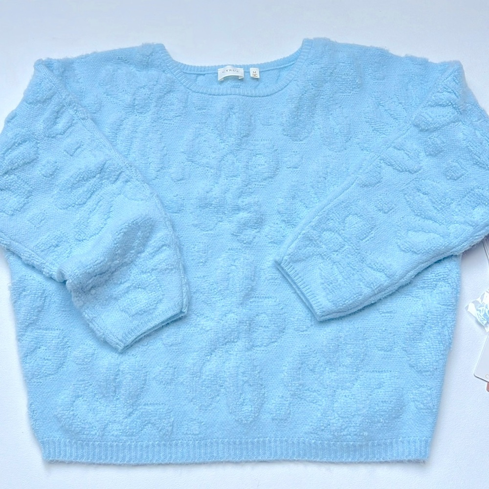 Cyrus NY Blue Crew Neck Sweater Soft Plush Knit textured flower NWT comfy M